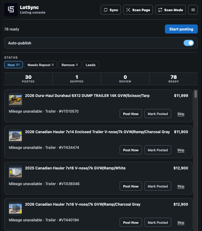 LotSync queue showing ready vehicles, posting states, and listing actions